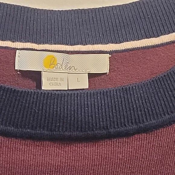 Boden Sweater Cotton Maroon Navy Ribbed Trim Boatneck Pullover 3/4 Slv Womens LG - Picture 7 of 8